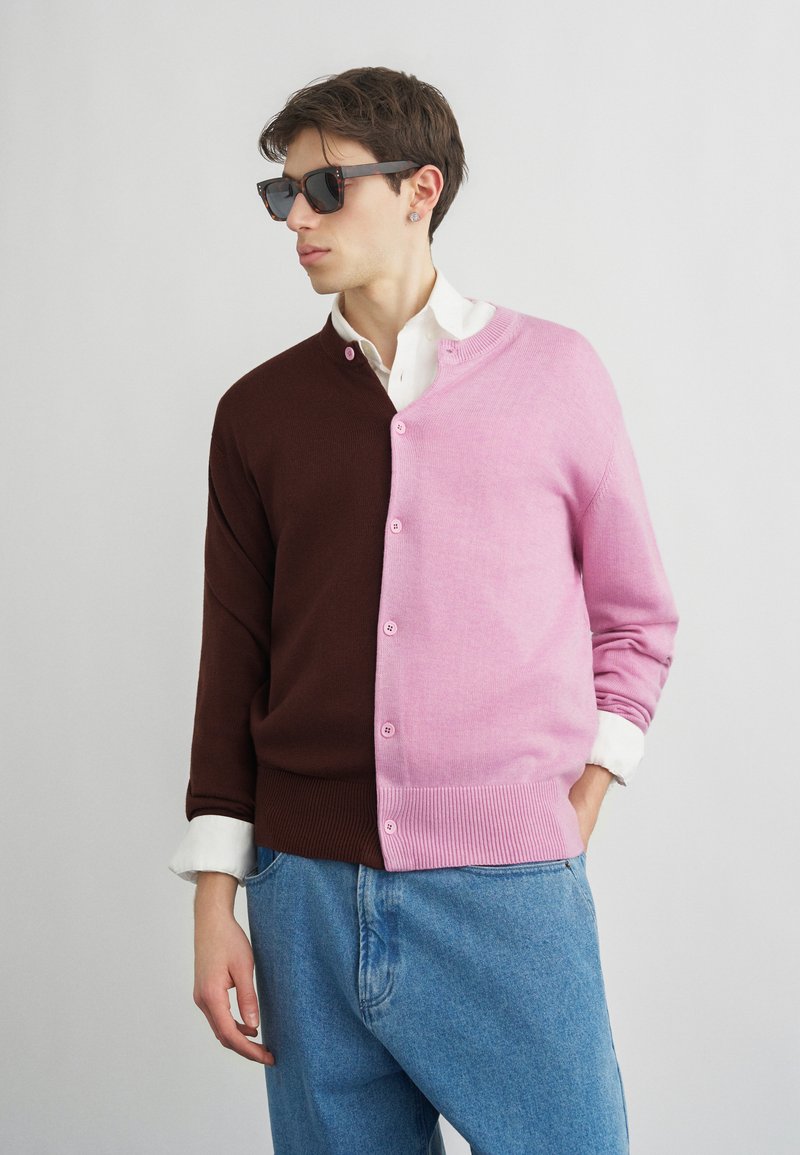 Jauns vīrietis, kas valkā saulesbrilles un pusbrūnu, pusrozā tumšāk aizpogātu džemperi pār baltu kreklu un zilas džinsas, skatās pa kreisi.