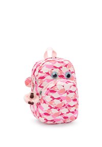 Rygsæk med et pink og hvidt bølgemønster, store google-øjne, en fluffy abe nøglering og to lynlåslommer. Justerbare stropper.