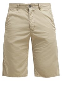 Shorts en coton beige mi-longueur jusqu'aux genoux, avec poches avant, fermeture par bouton et passants pour ceinture, présentés sur un fond blanc.