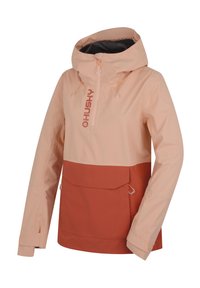 Hnědo-oranžová kapucňová bunda s půlzipem, nastavitelné stahování a přední kapsou. Vyrobena z lehkého, vodoodpudivého materiálu.