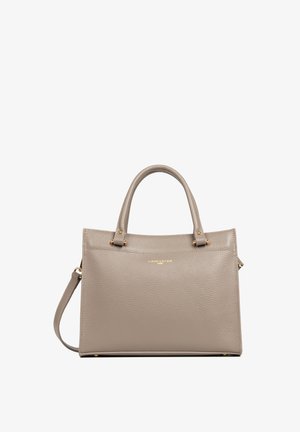 Sac à main en cuir gris avec deux poignées supérieures, bandoulière amovible, design plat, accents dorés et logo embossé à l'avant.