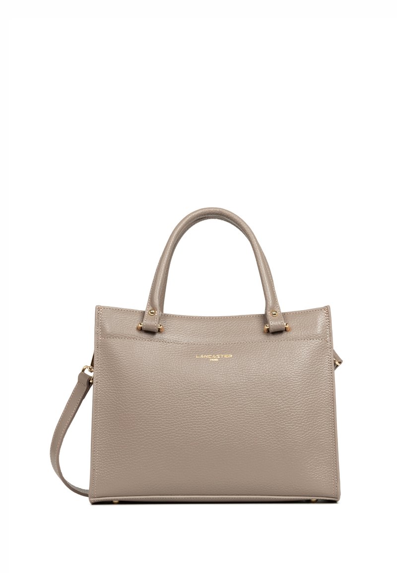 Sac à main en cuir gris avec deux poignées supérieures, bandoulière amovible, design plat, accents dorés et logo embossé à l'avant.