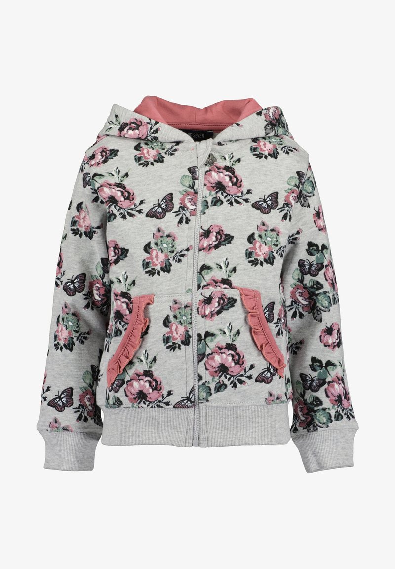 Sweat à capuche gris zippé pour enfants avec imprimé floral et papillons, bords de poche à volants roses et doublure intérieure de la capuche rose.