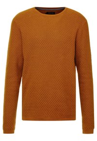 Pull orange texturé avec un col rond et des manches longues. Présente un motif nid d'abeille ainsi que des poignets et un bas côtelés.