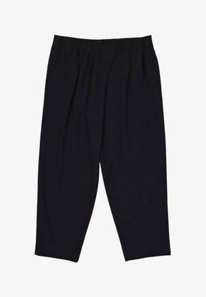 Løse sorte bukser med elastisk talje og sidelommer, designet til komfort og afslappet brug.