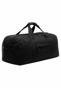 Schwarze Sporttasche aus strapazierfähigem Stoff, mit zwei verstärkten Traggriffen, einem Reißverschluss oben und einer kleinen Seitentasche mit Logo-Akzenten.