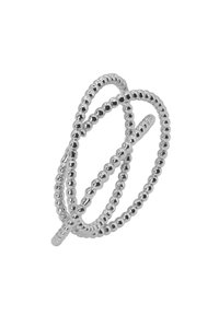Anello in argento composto da più fasce intrecciate con una texture a perline. Finitura liscia e lucida con superfici riflettenti.