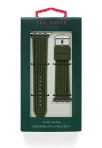 Zöld, textúrált szilikon Apple Watch szíj 42mm/44mm méretben, ezüst hardverrel, téglalap alakú dobozban csomagolva.