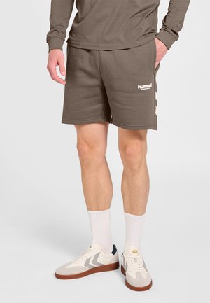 Mann trägt braune Shorts und Sweatshirt, weiße Socken und weiße Sneakers mit grauen Chevron-Streifen, steht vor einem einfarbigen Hintergrund.
