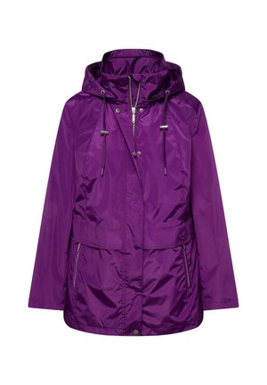 Lila Regenjacke mit Kapuze, Reißverschluss, Kordelzug und Seitentaschen. Glattes, leichtes Material mit lockerer Passform.