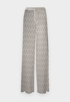 Wide-leg pants in a light fabric featuring a repetitive abstract pattern in earthy tones. Elastic waistband for comfort, no additional details.