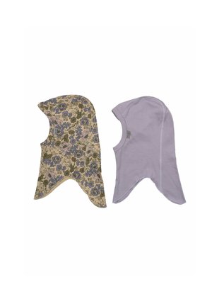 Twee babyschuiltjes: de ene heeft een bloempatroon in blauw en groen op een crème achtergrond; de andere is effen lavendel, beide met puntige vormen.