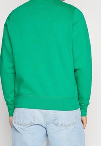 Felpa in cotone verde, con girocollo, polsini e orlo a costine, caratterizzata da una texture liscia e una vestibilità comoda. La vista posteriore non presenta grafiche distintive.