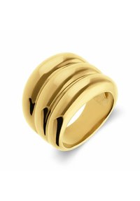 Goldring mit drei gebogenen Bändern, glatte Oberfläche, glänzende Ausführung und breites Banddesign. Innendurchmesser nicht sichtbar.