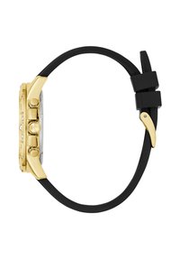 Orologio cronografo dorato con cassa rettangolare, cinturino in silicone nero, quadrante trasparente e tre pulsanti. Presenta accenti in cristallo.