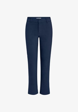 Tumed puuvillased püksid otse jalgadega, lühendatud hemiga, ees taskutega ja sileda tekstuuriga. Omab vööloopide taljeosa ja lukuga paigaldust.