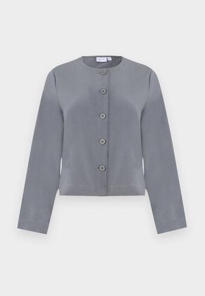 Grå kort jacka med rund halsringning, sexknäppt frontstängning, långa ärmar och slät tygstruktur.