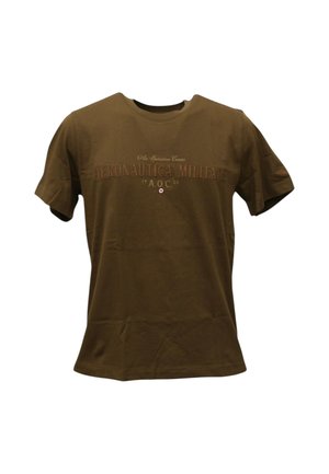 T-shirt marrone a maniche corte con "Aeronautica Militare" e "A.O.C 1923" stampati sul petto in testo marrone coordinato.