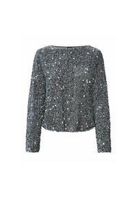 Top de lentejuelas plateadas con mangas largas y escote redondo. Tejido texturizado con un acabado brillante y un corte crop.