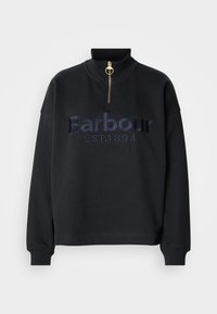 Μαύρο φούτερ με ψηλό γιακά, φερμουάρ και κέντημα «Barbour EST. 1894» σε σκούρο μπλε. Μαλακό ύφασμα, άνετη εφαρμογή, ριμπ μανσέτες.