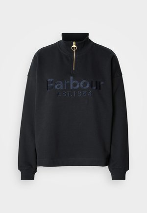 Černá mikina s vysokým límcem, zipovým uzávěrem a vyšívaným nápisem „Barbour EST. 1894“ v tmavě modré barvě. Měkká tkanina, uvolněný střih, žebrované manžety.
