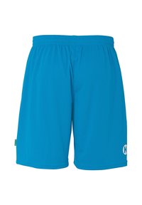 Blaue Sportshorts mit einem elastischen Bund, aus leichtem Material gefertigt. Mit einem kontrastierenden Logo am unteren rechten Bein.