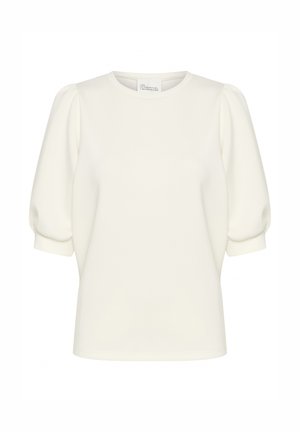 Witte top met korte mouwen, een ronde hals en opgeblazen mouwen, gemaakt van een gladde stof, met een eenvoudig ontwerp zonder patronen.