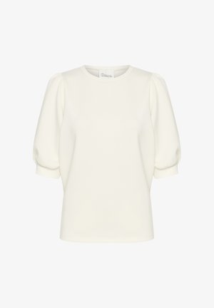 Valge lühikeste varrukatega tohutu ringkaelusega topp, mis on valmistatud siledast kangast, lihtsa disainiga, ilma mustriteta.