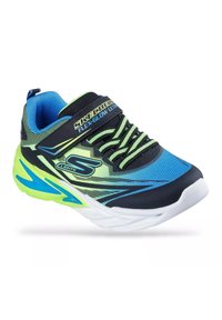 Scarpe sportive Skechers Flex-Glow per bambini in blu, nero e giallo neon con lacci verdi e una fascia in velcro.