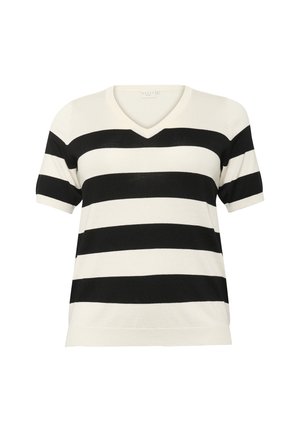 Maglione a righe bianche e nere con scollo a V e maniche corte, caratterizzato da ampie righe orizzontali e una vestibilità comoda.