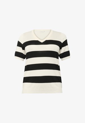 Maglione a righe bianche e nere con scollo a V e maniche corte, caratterizzato da ampie righe orizzontali e una vestibilità comoda.