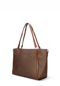 Bruine draagtas van stof met patroon en leren accenten. Heeft twee schouderbanden en een gestructureerd, rechthoekig ontwerp.