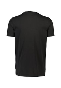Camiseta negra de manga corta hecha de algodón suave. Presenta un cuello redondo y un dobladillo recto, sin patrones ni acentos visibles.