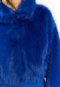 Koninklijk blauwe nepbontjas met een pluche textuur, voorzien van een brede kraag en een cropped ontwerp. Zichtbare naden en een gladde voering.