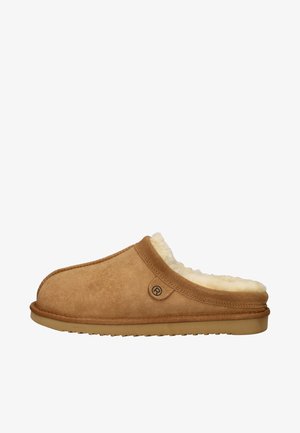 Light brown slipper featuring a soft, fluffy interior lining, smooth suede exterior, rounded toe, and a subtle logo accent on the side.