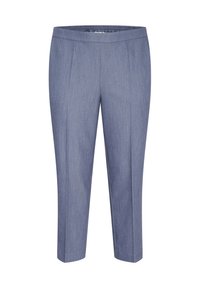 Harmaan siniset muotoillut housut, joissa on sileä, hieman teksturoitu kangas, litteä etuosa ja katkottu pituus. Ei näkyviä taskuja.