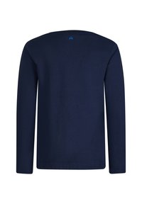 Marinefarbener Langarmshirt mit Rundhalsausschnitt, aus glattem Stoff gefertigt. Mit einem kleinen blauen Logo hinten in der Nähe des Kragens.