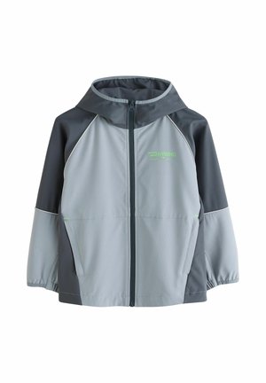 Hellgraue und dunkelgraue Kapuzenjacke für Kinder mit frontalem Reißverschluss, elastischen Bündchen, Seitentaschen und grünem Logo auf der Brust.