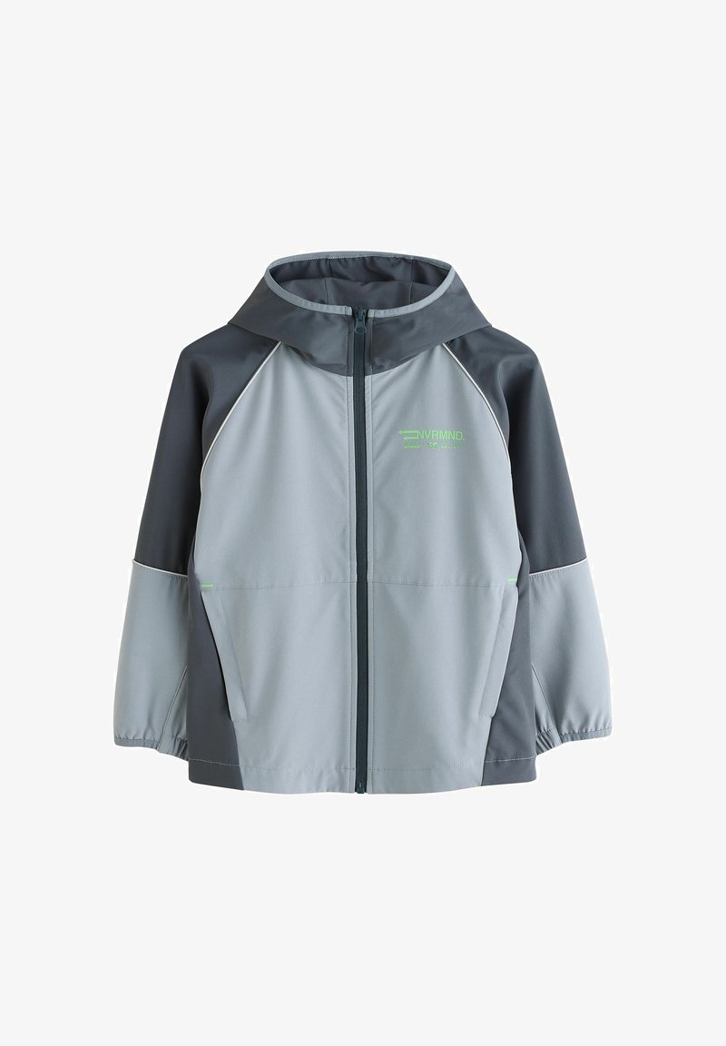 Veste à capuche pour enfants en gris clair et gris foncé avec fermeture éclair à l'avant, poignets élastiques, poches latérales, et logo vert sur la poitrine.