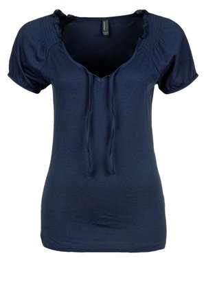 Laivastonsininen lyhythihainen paita, valmistettu pehmeästä puuvillasta. Siinä on V-aukko, jossa on kiristysnyöri, kerätyt pöhötyshihat ja vartalonmyötäinen leikkaus.