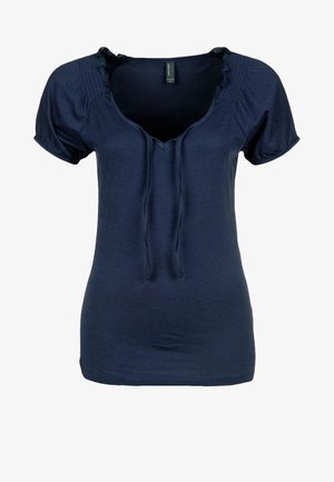 Marineblaues Kurzarmoberteil aus weicher Baumwolle mit V-Ausschnitt und Kordelzugdetails, gerafften Puffärmeln und figurbetonter Passform.