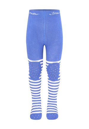 Blue and white striped toddler leggings with knee and foot grip dots and elastic waistband.