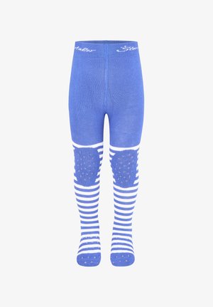 Blue and white striped toddler leggings with knee and foot grip dots and elastic waistband.