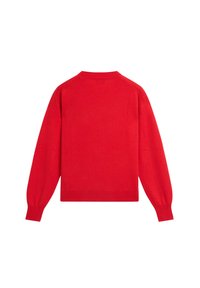 Pull rouge vif à manches longues avec col, poignets et ourlet côtelés, présenté à plat avec le dos tourné vers l'avant sur fond blanc.