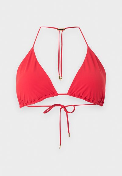 Κόκκινο τρίγωνο τοπ μπικίνι με halter neck και ρυθμιζόμενα κορδόνια στο λαιμό και την πλάτη, με μεταλλικές λεπτομέρειες σε χρυσαφί χρώμα.