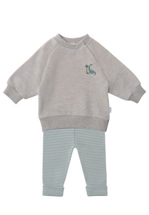 Gray long-sleeve sweatshirt with dinosaur and tree graphic paired with light blue and white striped pants for toddlers.