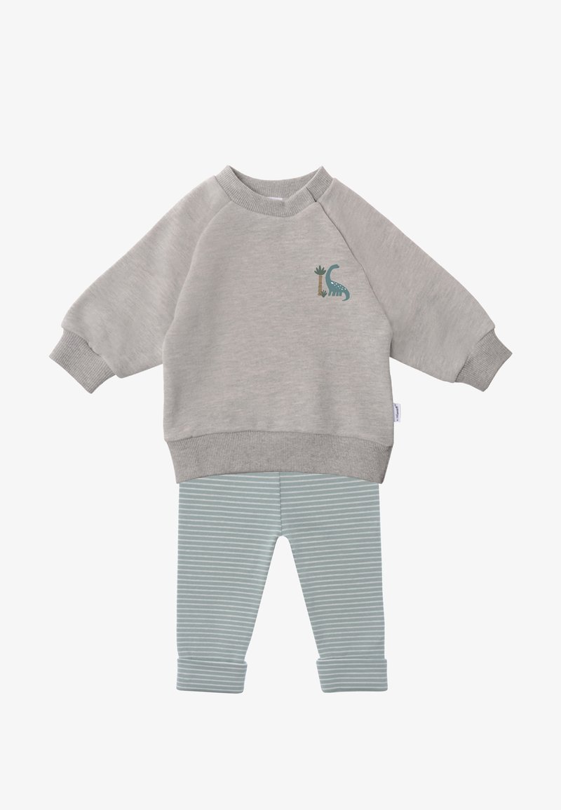 Graues Sweatshirt mit langen Ärmeln und Dinosaurier- sowie Baumgrafik, kombiniert mit hellblau-weiß gestreifter Hose für Kleinkinder.