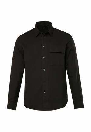 Zwarte long sleeve shirt in een zachte stof met een button-down kraag, een borstzak en donkere knopen, met een rechte zoom.