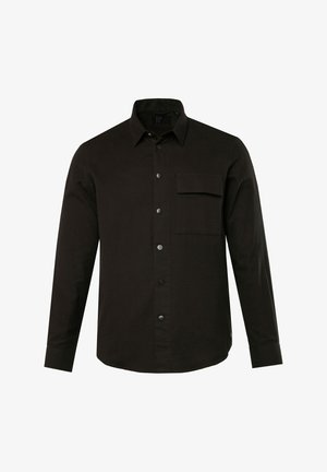 Schwarzes Langarmhemd aus weichem Stoff mit kentkragen, Brusttasche und dunklen Knöpfen sowie einem geraden Saum.