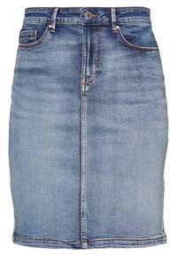 Jeanskjol, ljusblåtvätt, figursydd design, medellång. Har fem fickor, knäppning fram och detaljer med kontrasterande sömmar.